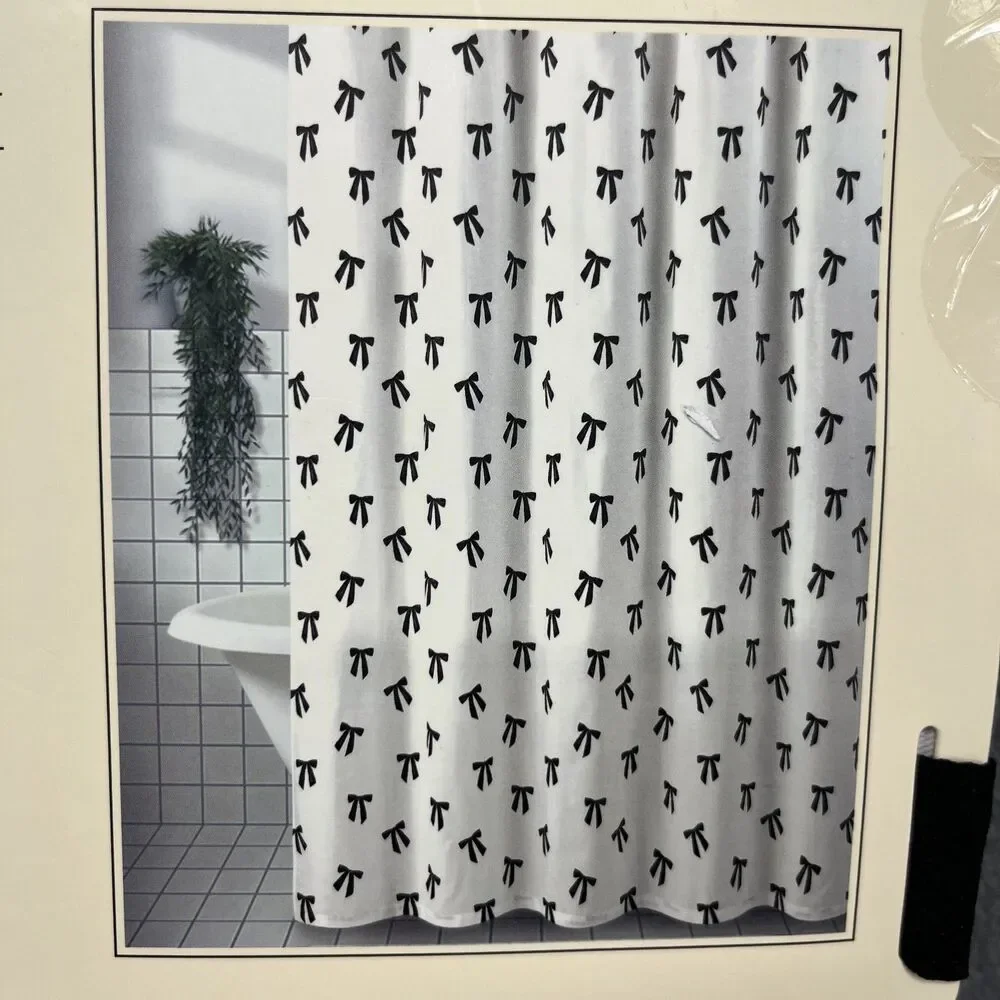 Rachel Zoe Shower Curtain White Black‎ Bows Fabric 72